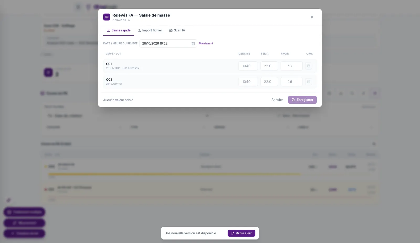 Modale Relevés FA en saisie de masse