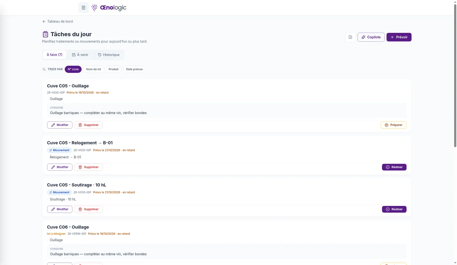 Page /taches avec les 7 tâches du jour
