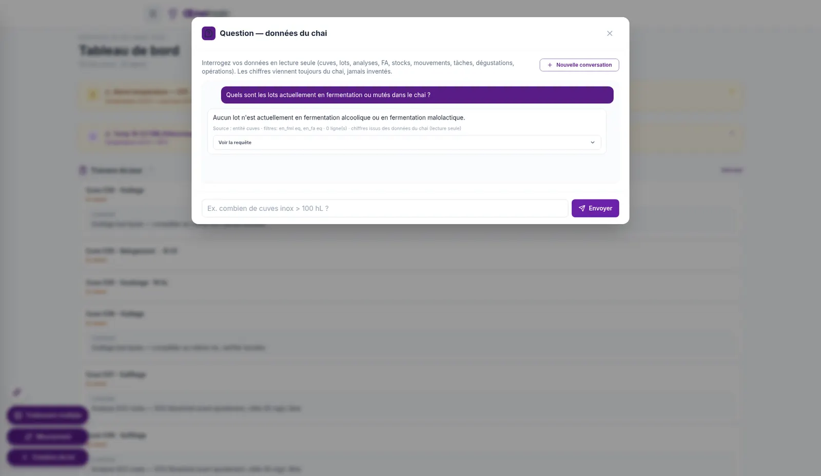 Modale Question Chatbot IA avec réponse structurée sur les données du chai
