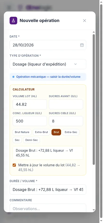 Modale opération Dosage sur smartphone